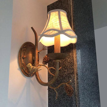 Rustique pince branche oiseau perching tissu ombre 1 lampe murale intérieure à 1 lumière